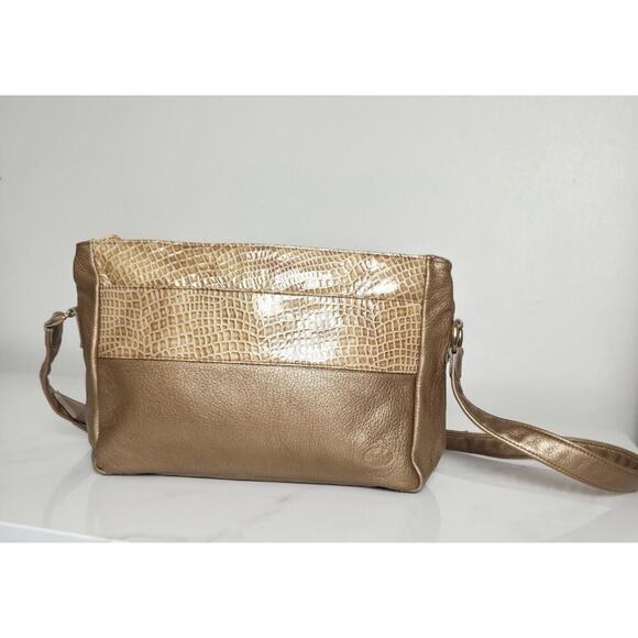 Vintage SAS Metallic Bronze Gold Crossbody Purse Handbag Croc Accents - Picture 2 of 7